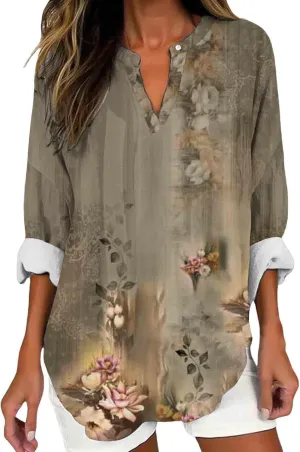 Striped Print Tees Summer Blouses Sleeve Cotton Faux Oversized T Shirt Cute Solid Three Quarter Length Tunic Tops