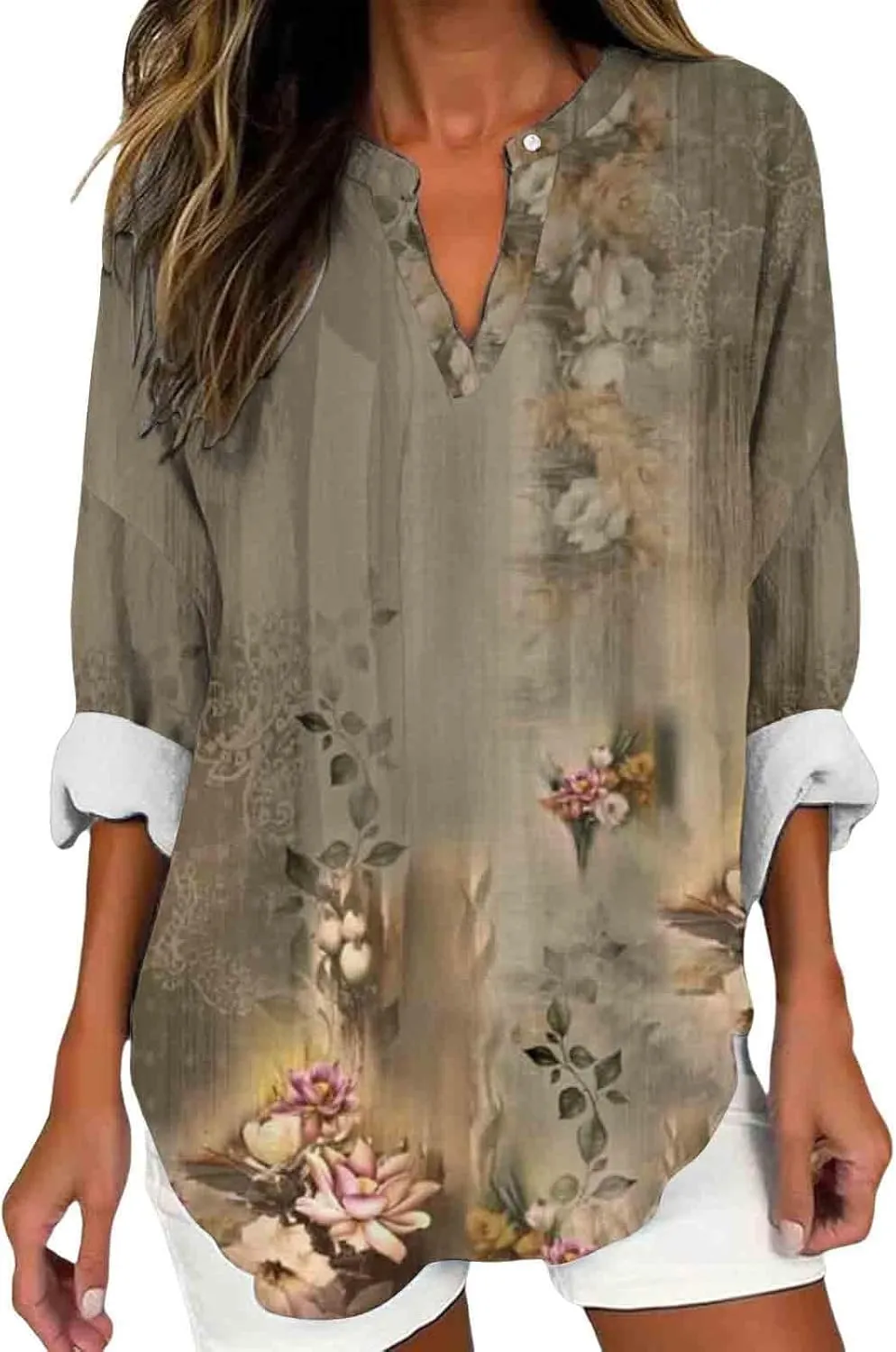 Striped Print Tees Summer Blouses Sleeve Cotton Faux Oversized T Shirt Cute Solid Three Quarter Length Tunic Tops