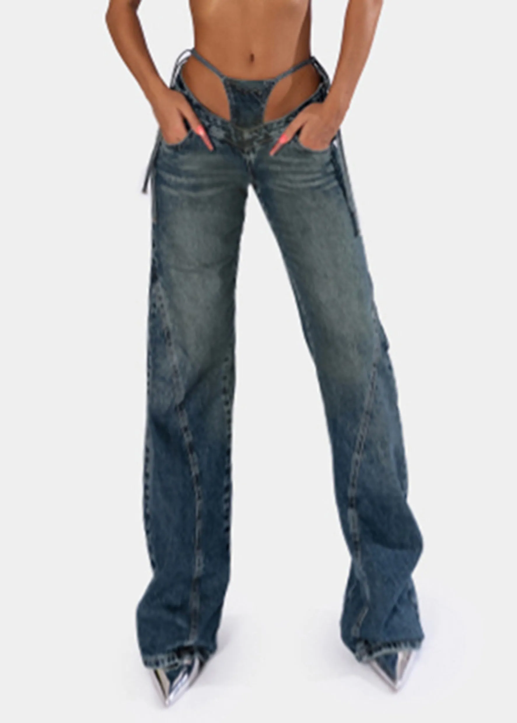 Stylish Navy Patchwork Denim Pants Spring YP008