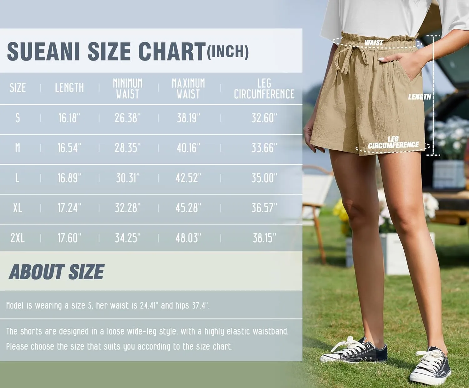 SUEANI Women's Casual Shorts Drawstring Elastic Waist Shorts Summer Beach Shorts with Pockets