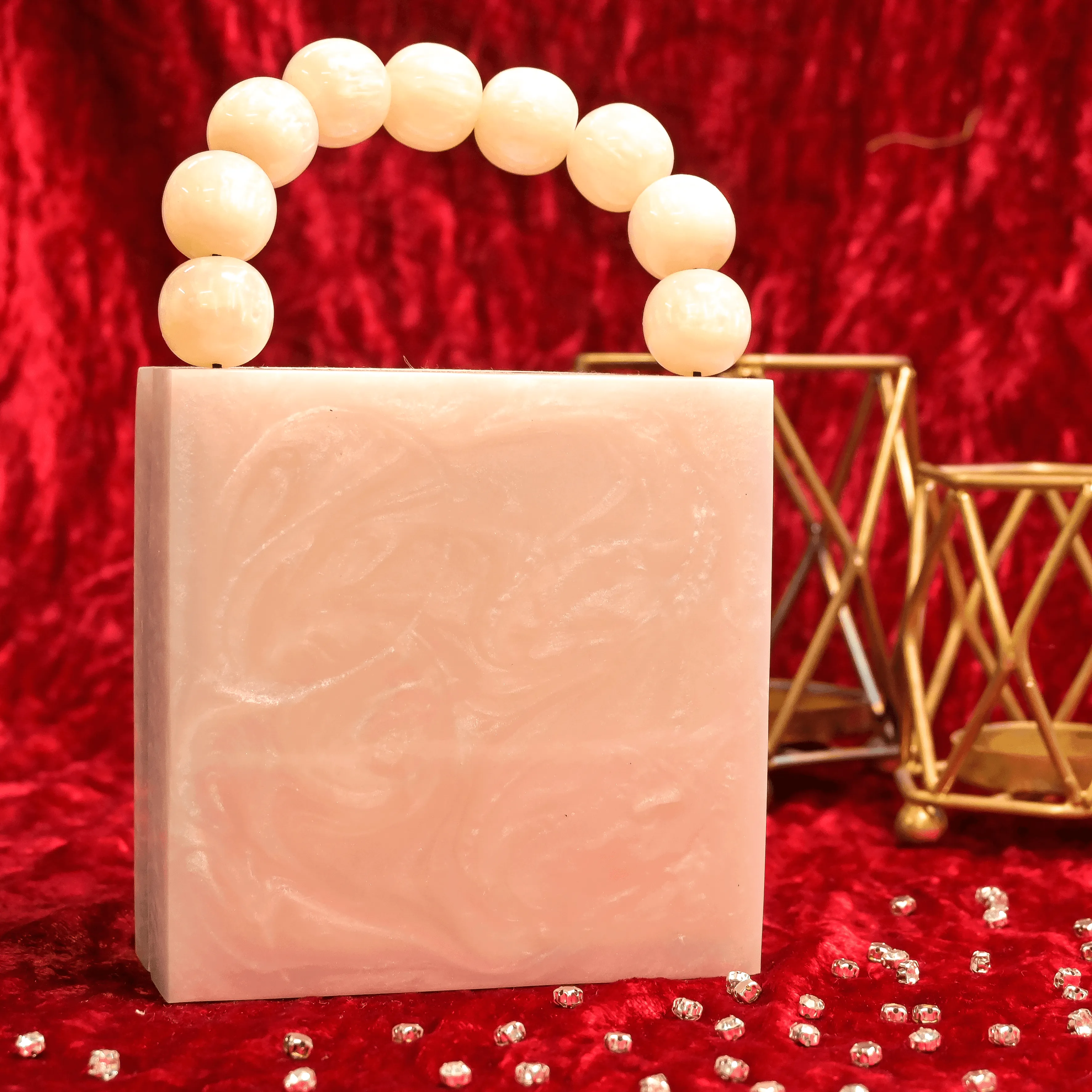 Sugarcrush Beige luxury Mini embellished clutch with pearl handle