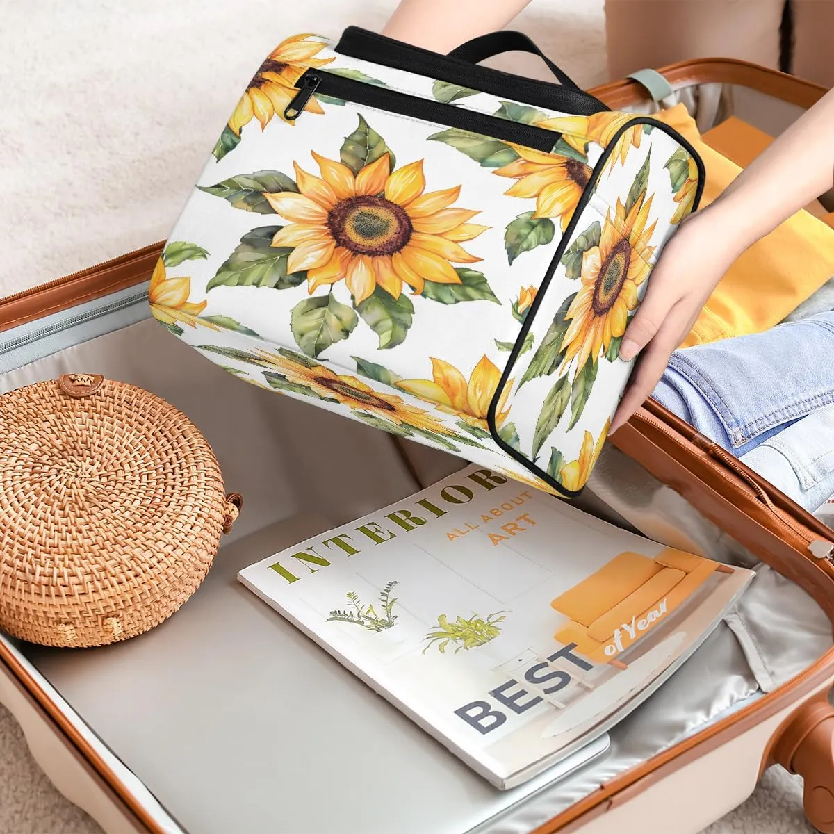 Sunflowers Travel Toiletry Bag for Men and Women, Large Hanging Makeup Bag Organizer Toiletries Bag for Travel, Cosmetic Bag with Handle