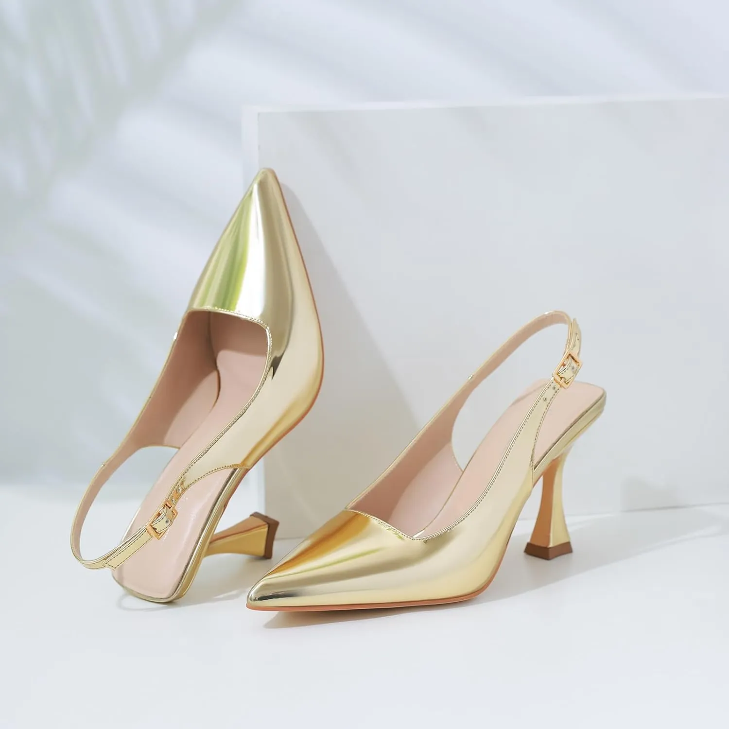 Susanny Sparkly Gold Slingback Kitten Heels Elegant Dressy Pumps for Women Closed Pointy Toe Sexy Chunky High Heels Wedding Bride Prom Party Dress Shoes