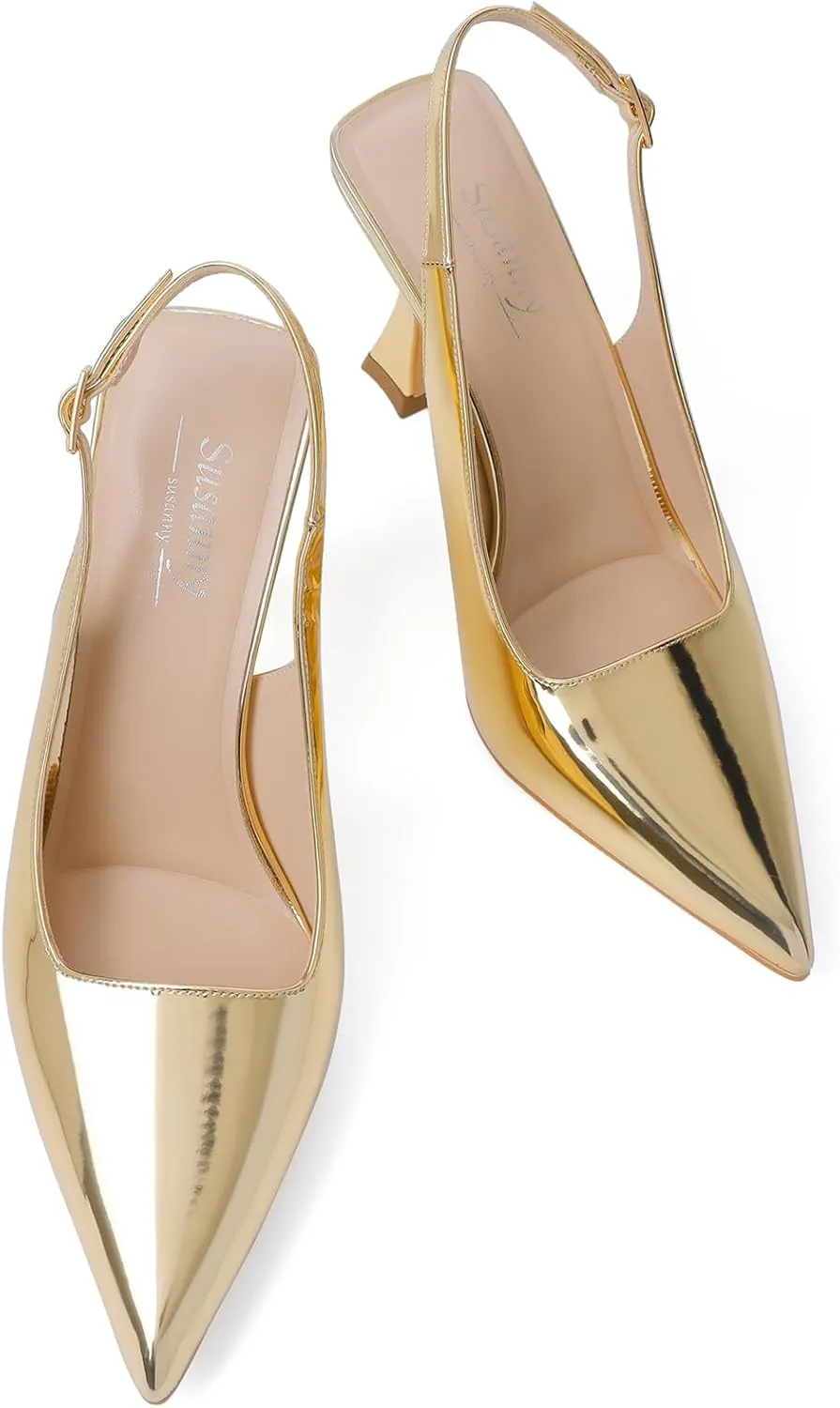 Susanny Sparkly Gold Slingback Kitten Heels Elegant Dressy Pumps for Women Closed Pointy Toe Sexy Chunky High Heels Wedding Bride Prom Party Dress Shoes