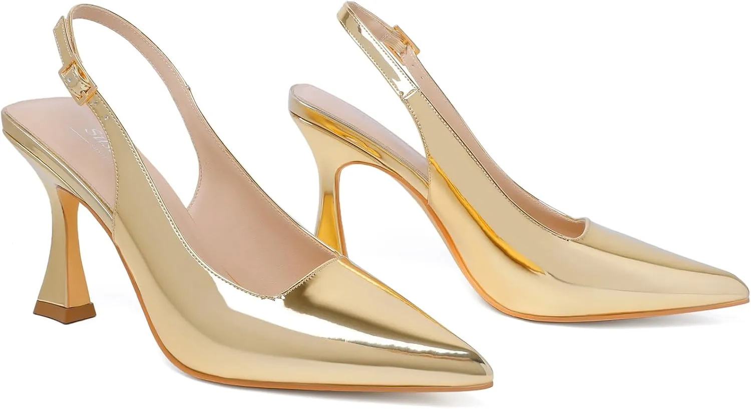 Susanny Sparkly Gold Slingback Kitten Heels Elegant Dressy Pumps for Women Closed Pointy Toe Sexy Chunky High Heels Wedding Bride Prom Party Dress Shoes