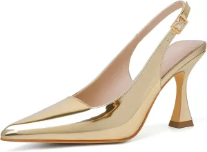 Susanny Sparkly Gold Slingback Kitten Heels Elegant Dressy Pumps for Women Closed Pointy Toe Sexy Chunky High Heels Wedding Bride Prom Party Dress Shoes