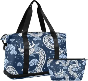 susiyo Travel Duffel Bags for Women, Asian Element Dragon Sports Duffel Bags Gym Bags with Shoes Compartment, Tote Bag Weekender Bag for Travelling
