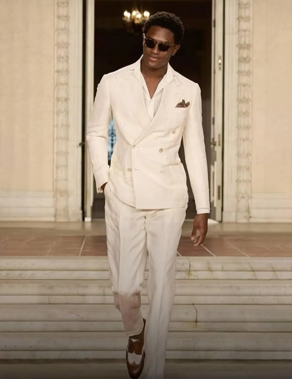 SUZHIMO Men's Linen Suit Double Breasted Suit Men 2 Piece Slim Fit Summer Wedding Suit