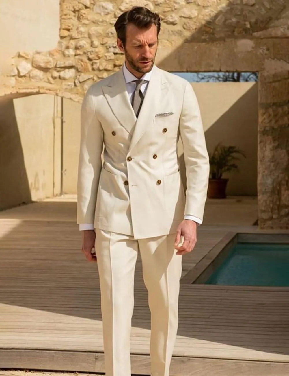 SUZHIMO Men's Linen Suit Double Breasted Suit Men 2 Piece Slim Fit Summer Wedding Suit