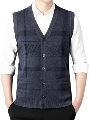 Sweater Vest for Men Sleeveless V Neck Button Down Knitwear Casual Slim Fit Striped Pullover Knit Sweater Fall Vests