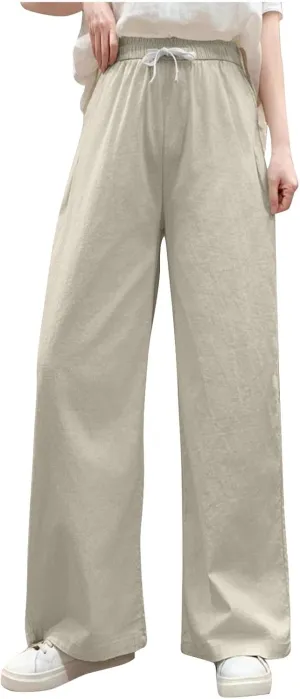 Sweatpants for Women Cotton Linen Slim Comfy High Waisted Solid Casual Trousers Straight Leg Stretchy Baggy Pants