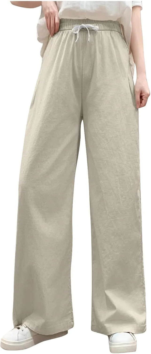 Sweatpants for Women Cotton Linen Slim Comfy High Waisted Solid Casual Trousers Straight Leg Stretchy Baggy Pants