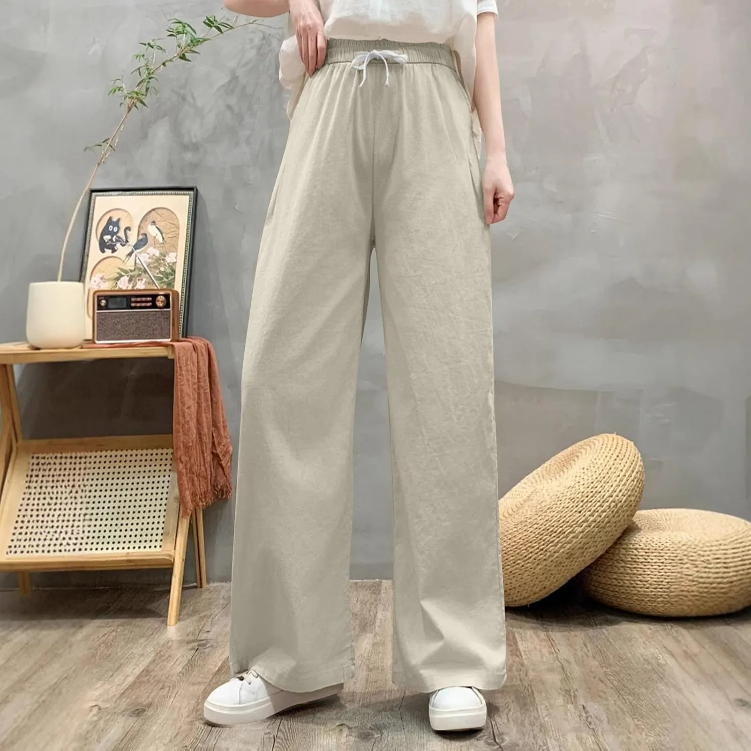 Sweatpants for Women Cotton Linen Slim Comfy High Waisted Solid Casual Trousers Straight Leg Stretchy Baggy Pants
