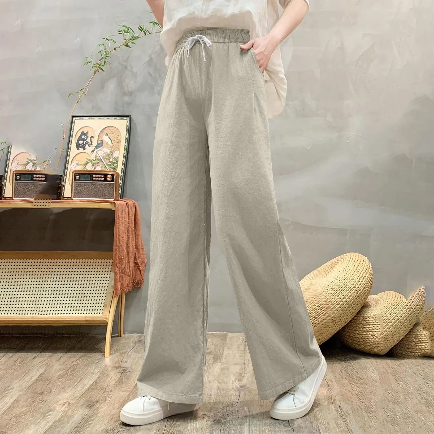 Sweatpants for Women Cotton Linen Slim Comfy High Waisted Solid Casual Trousers Straight Leg Stretchy Baggy Pants