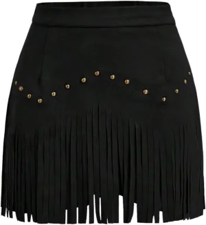 SweatyRocks Women's Plus Size High Waist Fringe Mini Skirt Vintage Rivet Decor Suede Hippie Skirts