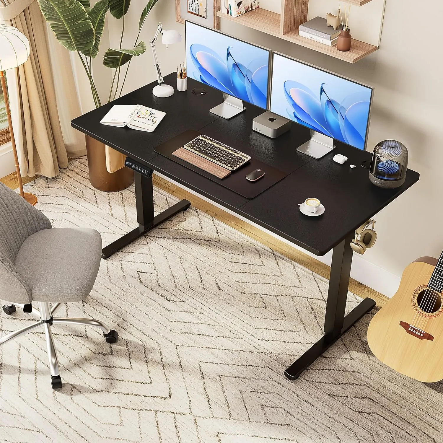 Sweetcrispy Electric Adjustable Height Standing Desk - 63 x 24 inch Sit to Stand Up Desk with Splice Board, Rising Home Office Computer Table with 2 Hook and Wire Hole for Work