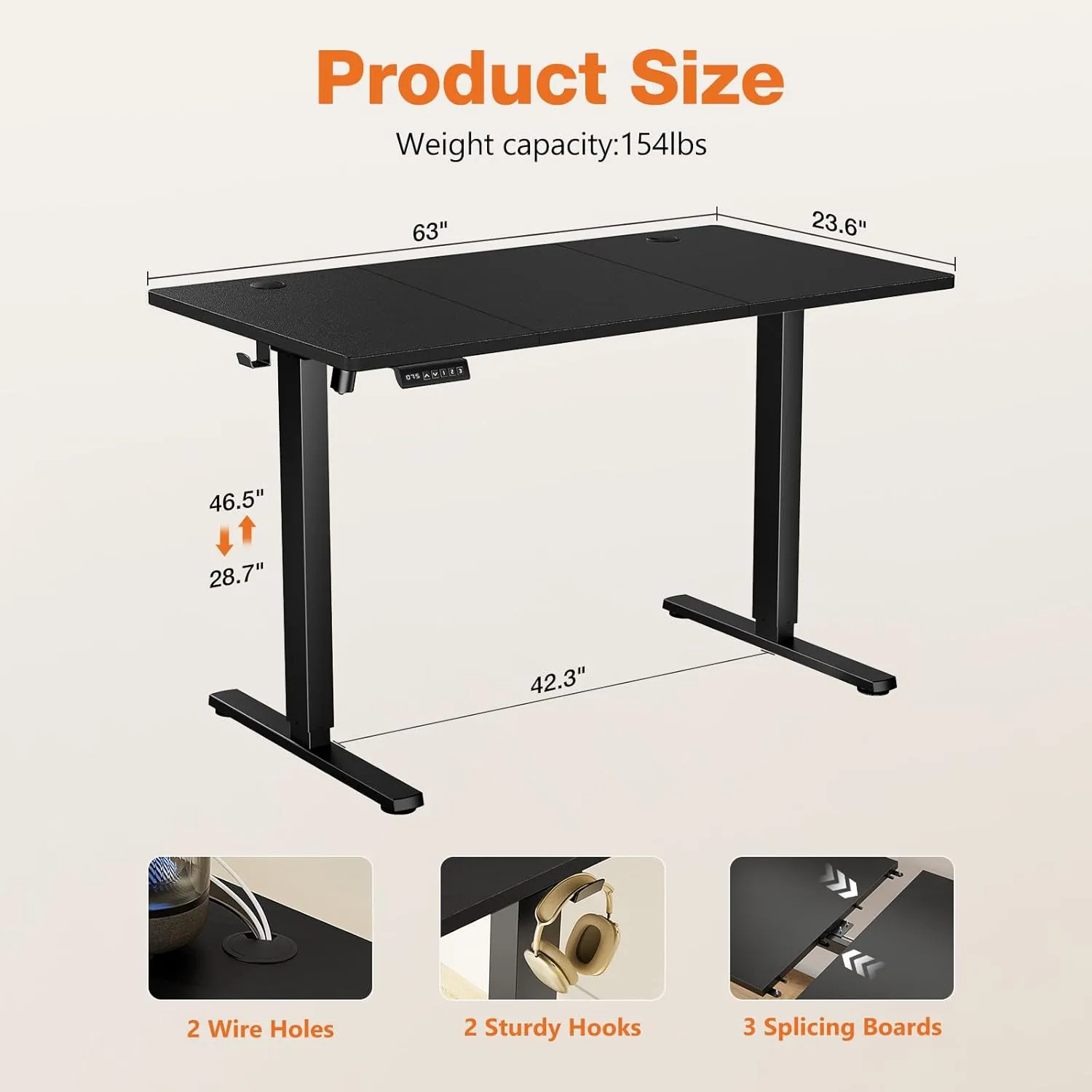 Sweetcrispy Electric Adjustable Height Standing Desk - 63 x 24 inch Sit to Stand Up Desk with Splice Board, Rising Home Office Computer Table with 2 Hook and Wire Hole for Work