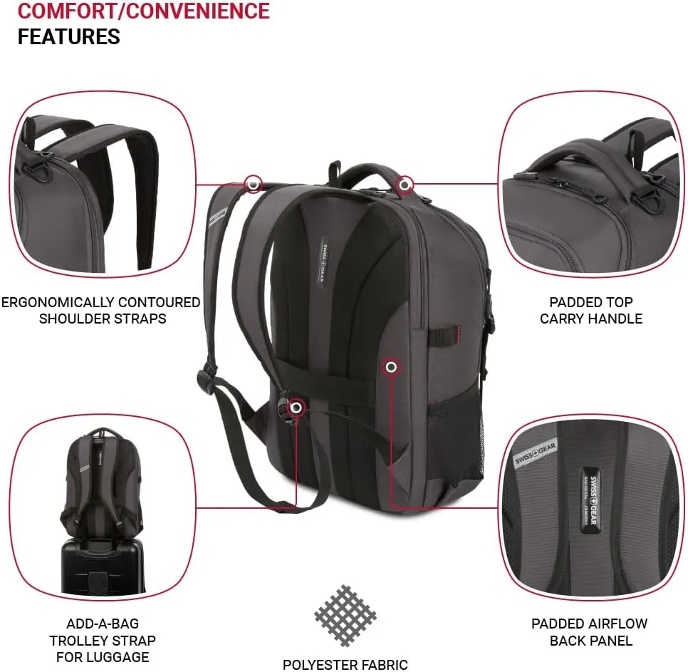 SwissGear Civic Pro Laptop Backpack, Grey, 18”x13.25”x7”