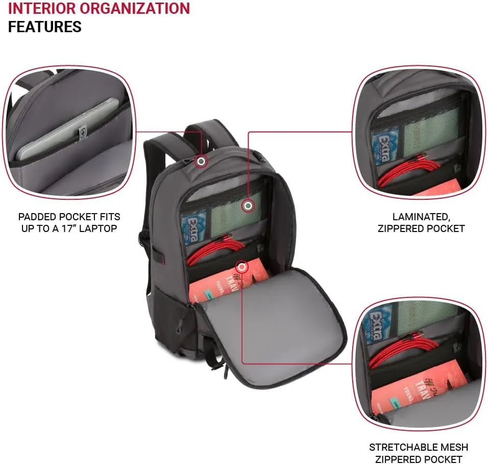 SwissGear Civic Pro Laptop Backpack, Grey, 18”x13.25”x7”