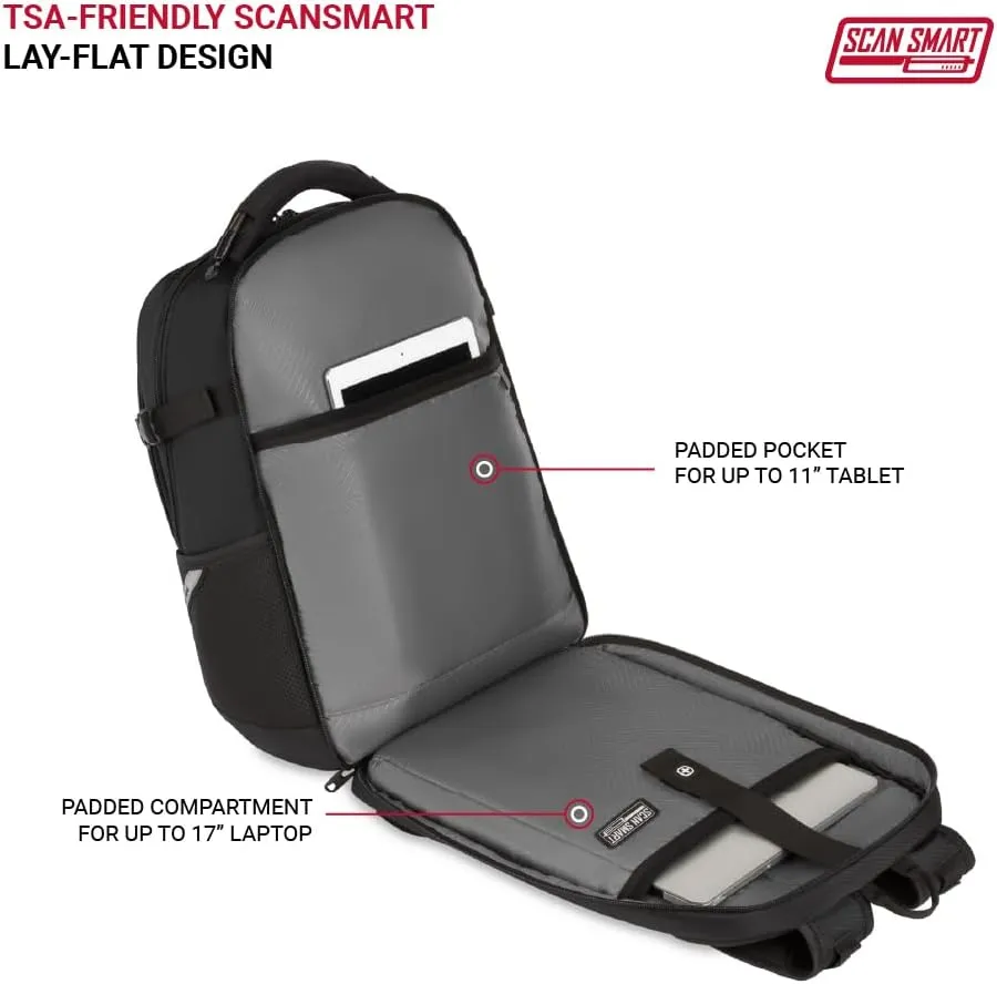 SwissGear Travel Tech Pro Laptop Backpack – Fits Laptops up to 16” – ScanSmart TSA-Friendly Backpack with Multiple Organizer Pockets – Black