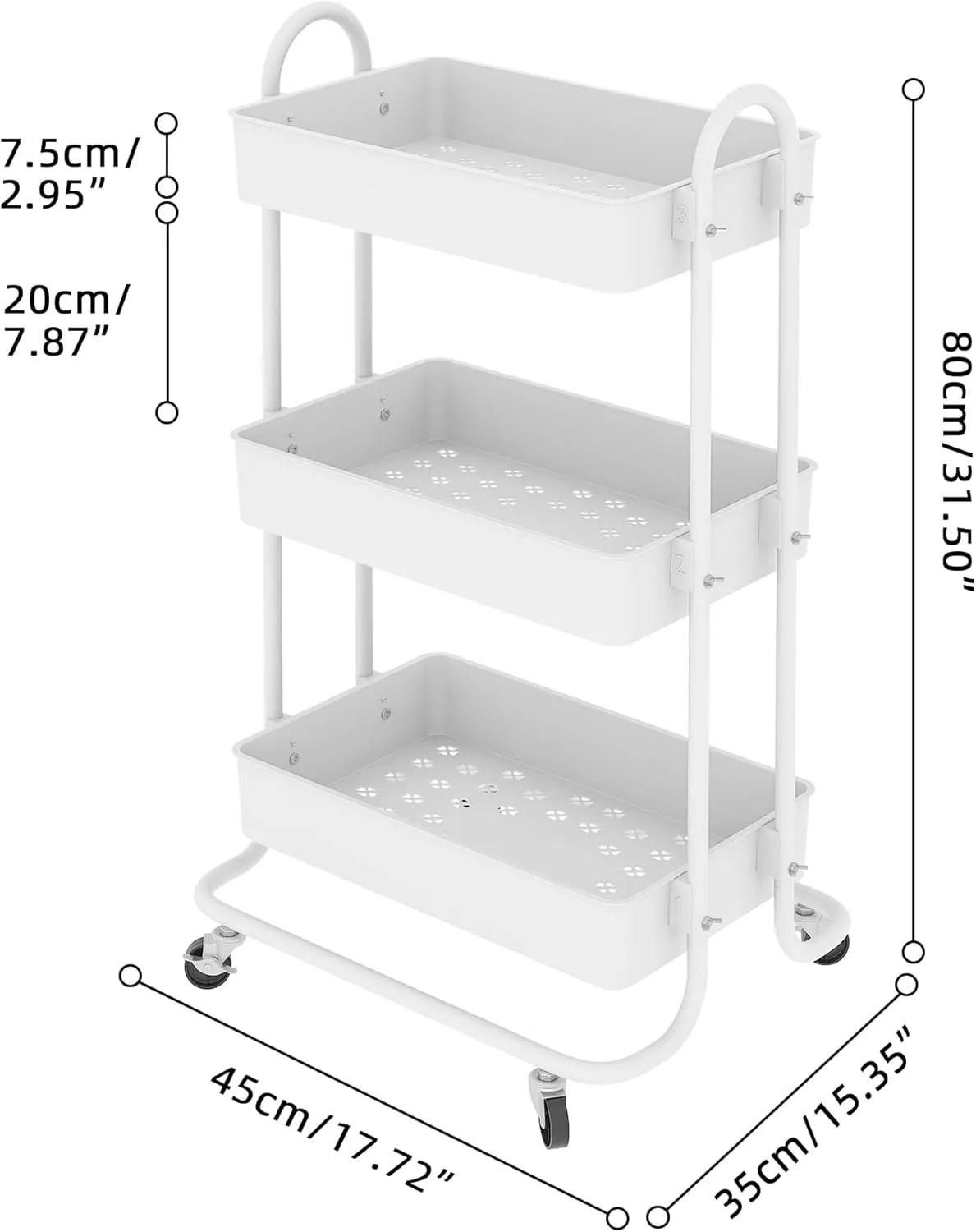 Sywhitta 3-Tier Storage Rolling Utility Cart with Handle, Multifunctional Storage Trolley for Kitchen, Bathroom, Living Room, Office, White