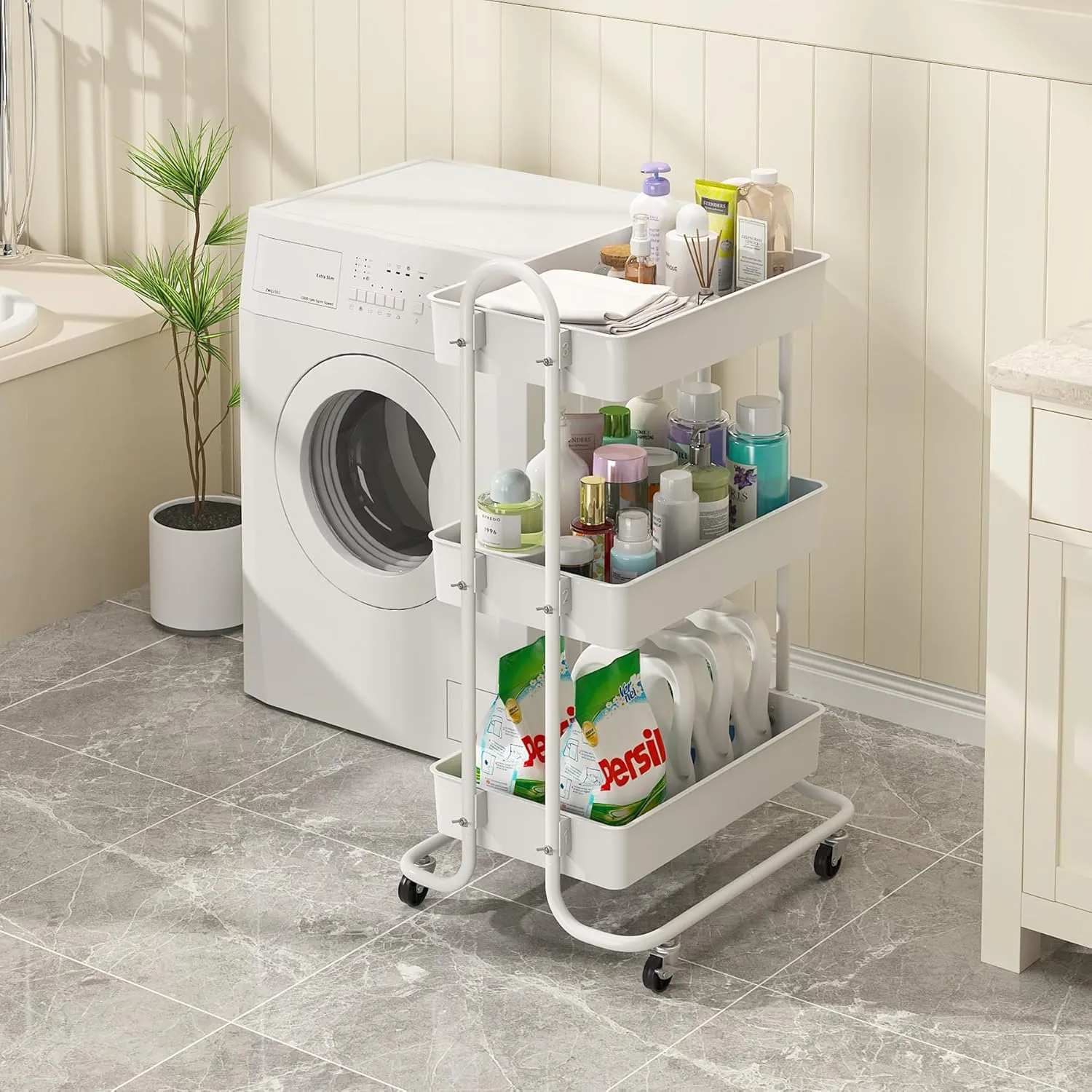Sywhitta 3-Tier Storage Rolling Utility Cart with Handle, Multifunctional Storage Trolley for Kitchen, Bathroom, Living Room, Office, White