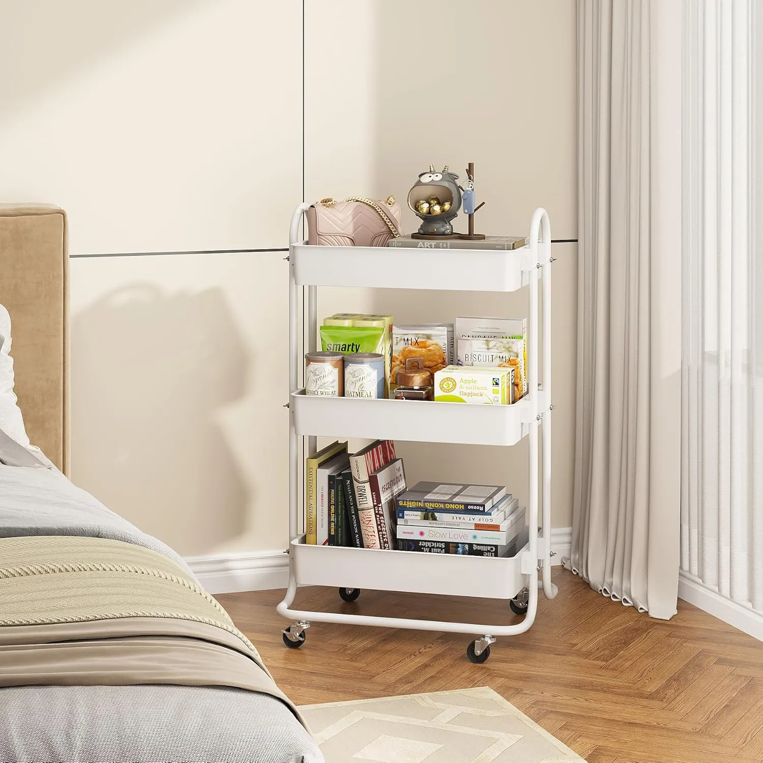 Sywhitta 3-Tier Storage Rolling Utility Cart with Handle, Multifunctional Storage Trolley for Kitchen, Bathroom, Living Room, Office, White