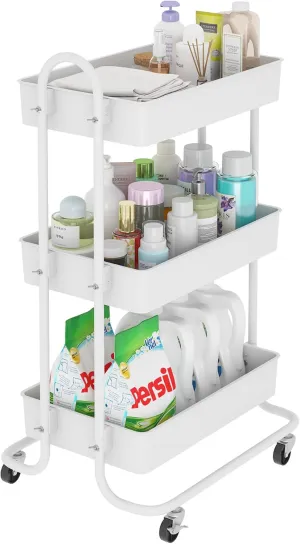 Sywhitta 3-Tier Storage Rolling Utility Cart with Handle, Multifunctional Storage Trolley for Kitchen, Bathroom, Living Room, Office, White