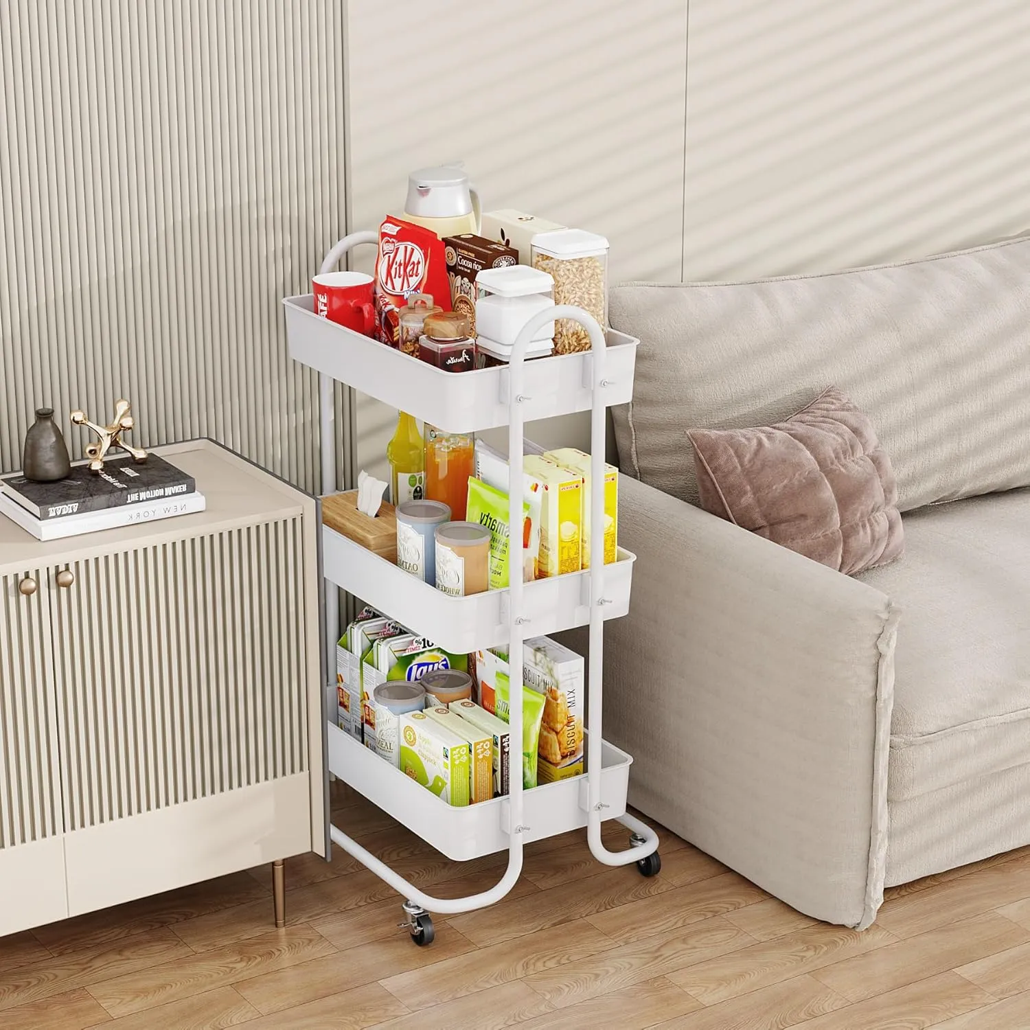 Sywhitta 3-Tier Storage Rolling Utility Cart with Handle, Multifunctional Storage Trolley for Kitchen, Bathroom, Living Room, Office, White