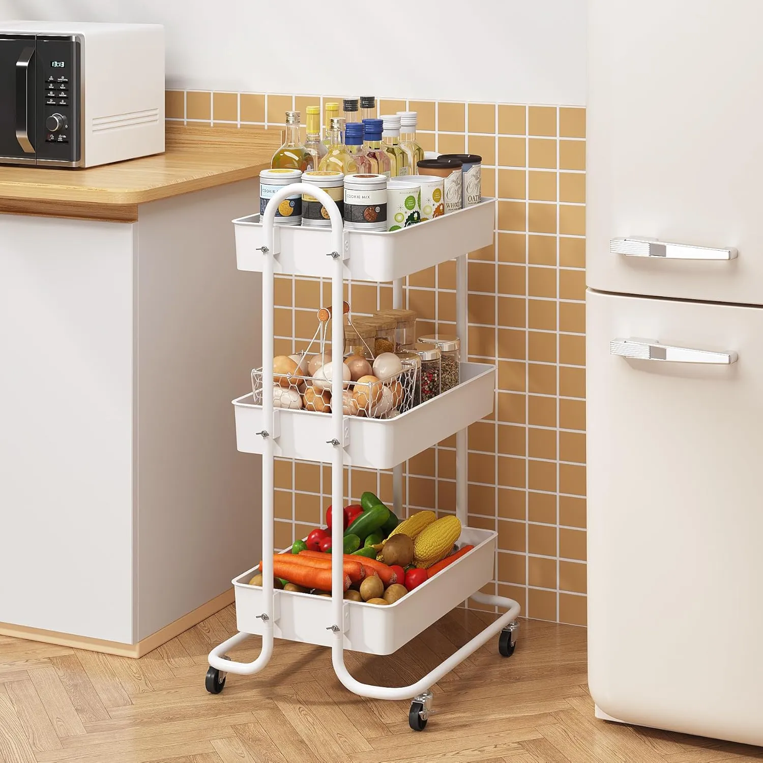 Sywhitta 3-Tier Storage Rolling Utility Cart with Handle, Multifunctional Storage Trolley for Kitchen, Bathroom, Living Room, Office, White