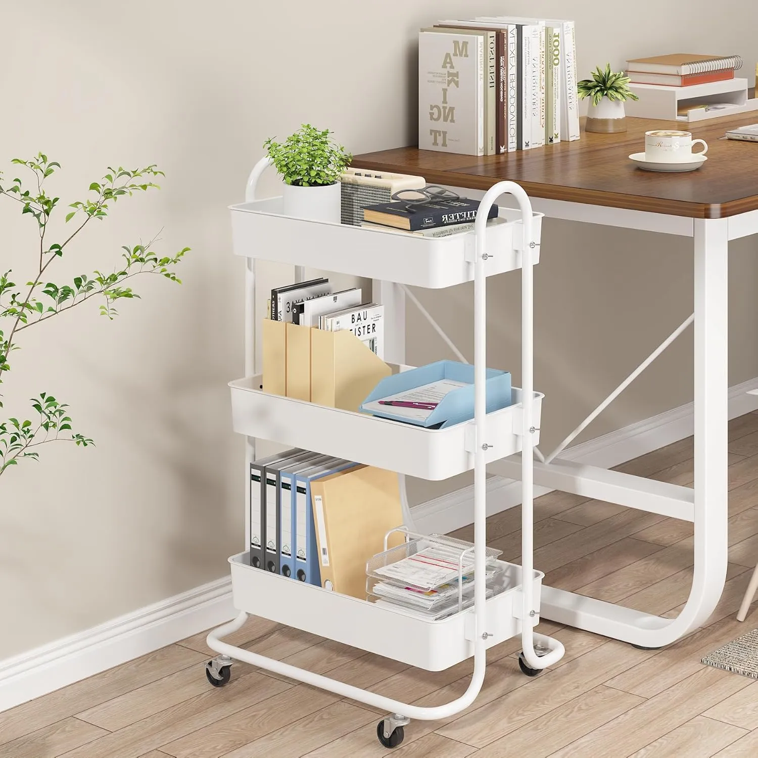 Sywhitta 3-Tier Storage Rolling Utility Cart with Handle, Multifunctional Storage Trolley for Kitchen, Bathroom, Living Room, Office, White