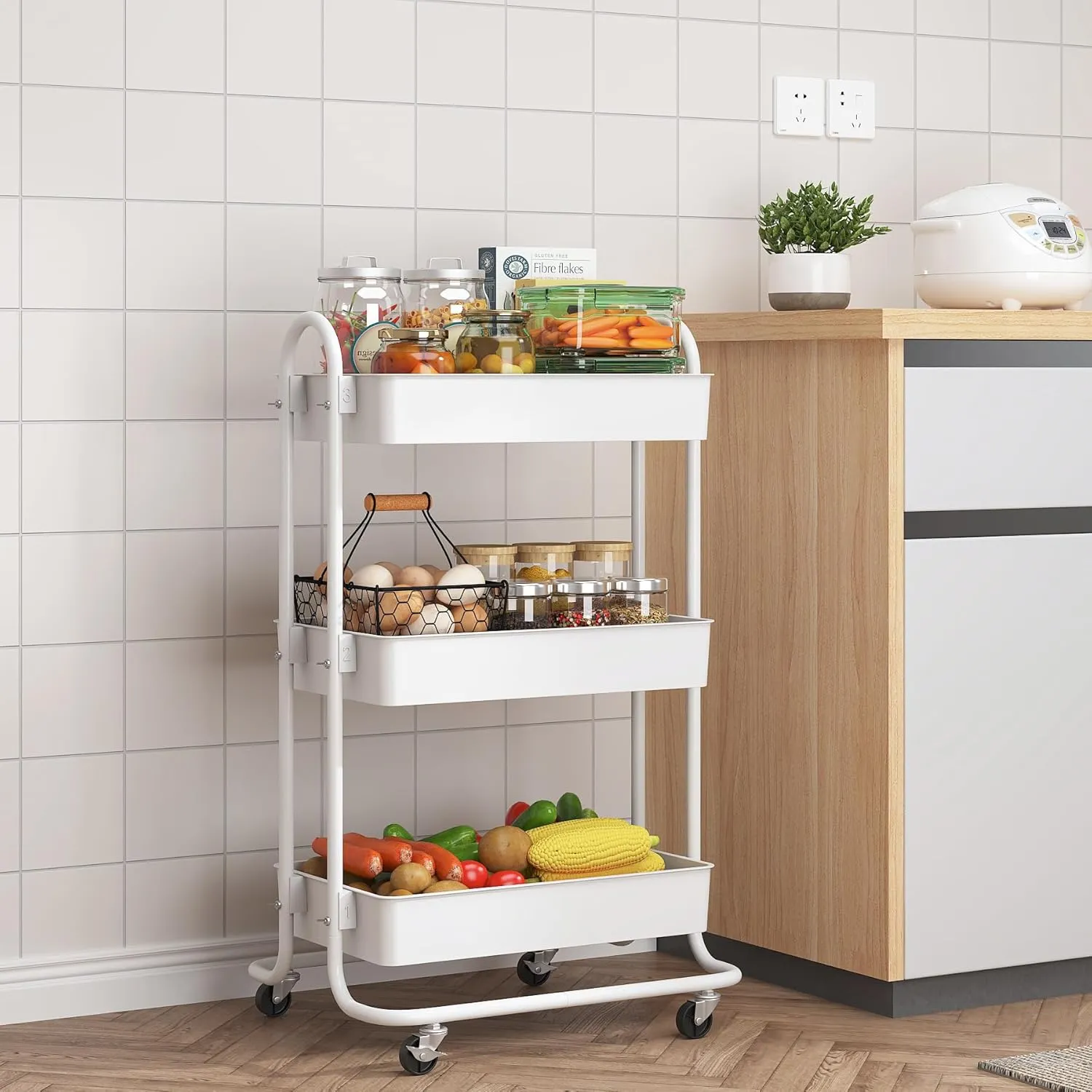 Sywhitta 3-Tier Storage Rolling Utility Cart with Handle, Multifunctional Storage Trolley for Kitchen, Bathroom, Living Room, Office, White
