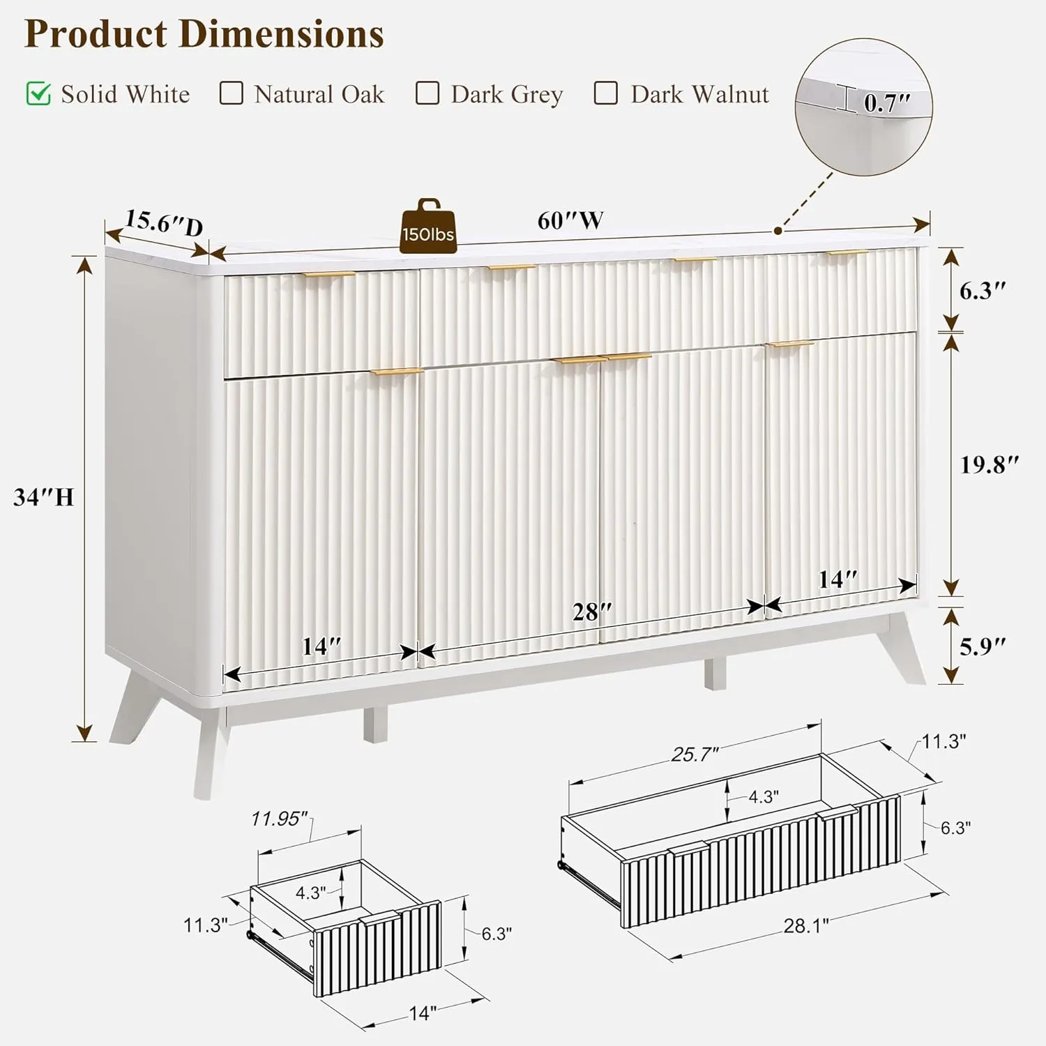 T4TREAM Fluted Buffet Sideboard Cabinet with Storages, 60" Large Modern Buffet Table Coffee Bar Wine Bar Storage Cabinet with 3 Drawers & 4 Doors for Dining Room, Living Room, Hallway(Solid White)