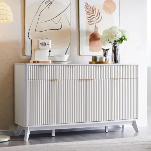 T4TREAM Fluted Buffet Sideboard Cabinet with Storages, 60" Large Modern Buffet Table Coffee Bar Wine Bar Storage Cabinet with 3 Drawers & 4 Doors for Dining Room, Living Room, Hallway(Solid White)