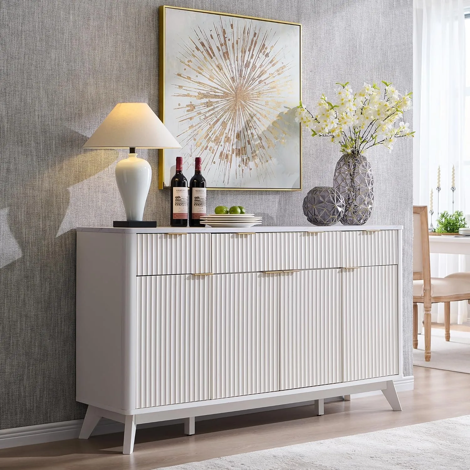 T4TREAM Fluted Buffet Sideboard Cabinet with Storages, 60" Large Modern Buffet Table Coffee Bar Wine Bar Storage Cabinet with 3 Drawers & 4 Doors for Dining Room, Living Room, Hallway(Solid White)