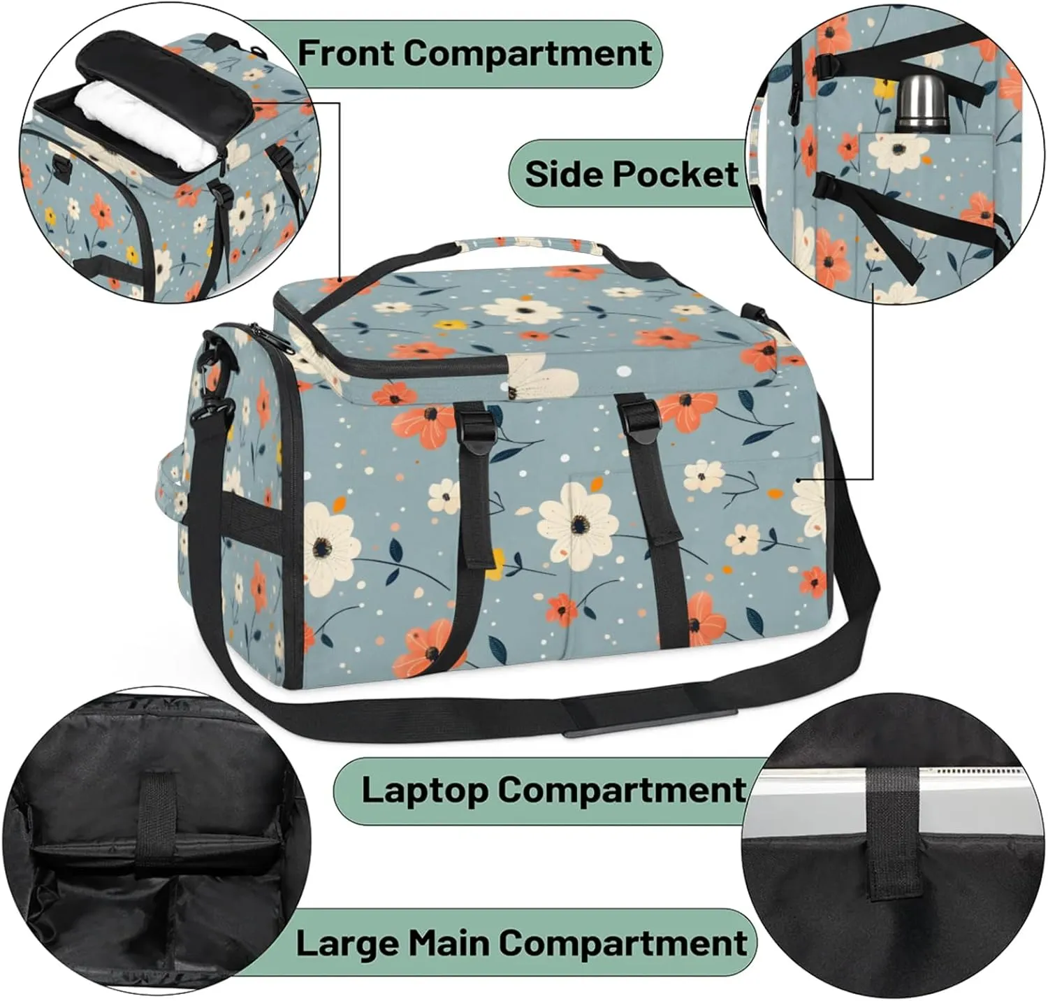 Tactical Sports Duffle Bag for Travel Waterproof Gym Bag with Shoe Compartment 48L Carry On Luggage for Men & Women 3-in-1 Durable Travel Luggage Refreshing Cute Flowers