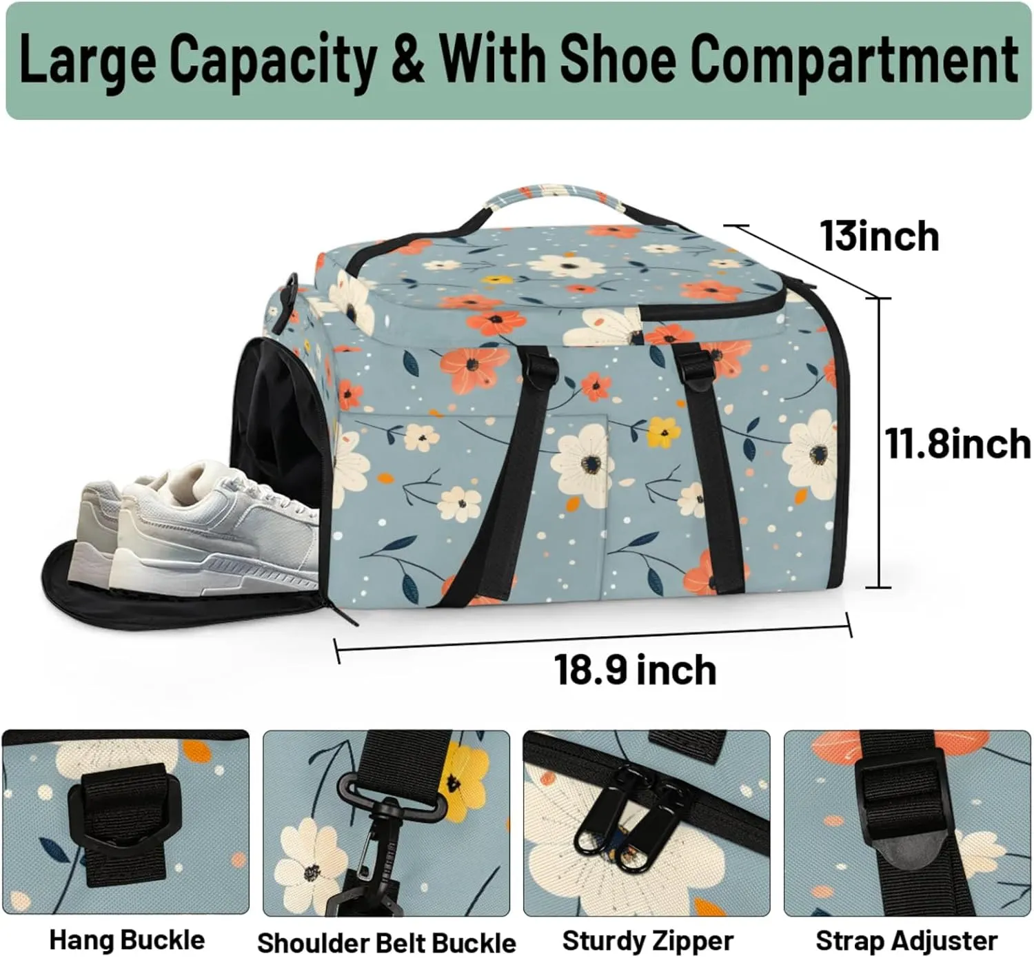 Tactical Sports Duffle Bag for Travel Waterproof Gym Bag with Shoe Compartment 48L Carry On Luggage for Men & Women 3-in-1 Durable Travel Luggage Refreshing Cute Flowers