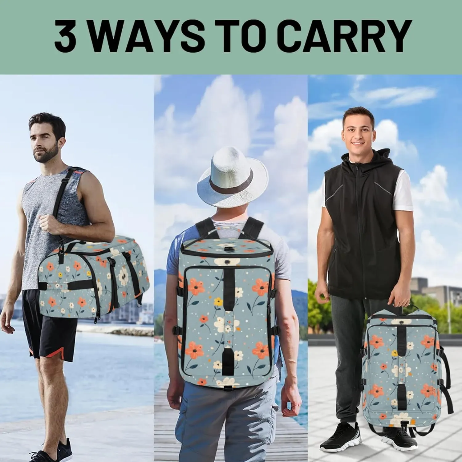 Tactical Sports Duffle Bag for Travel Waterproof Gym Bag with Shoe Compartment 48L Carry On Luggage for Men & Women 3-in-1 Durable Travel Luggage Refreshing Cute Flowers