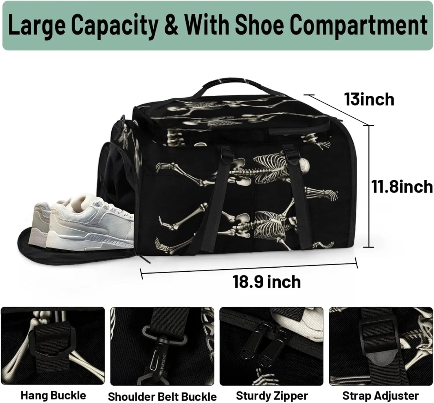 Tactical Sports Duffle Bag for Travel Waterproof Gym Bag with Shoe Compartment 48L Carry On Luggage for Men & Women 3-in-1 Durable Travel Luggage Skeleton Funny Skull