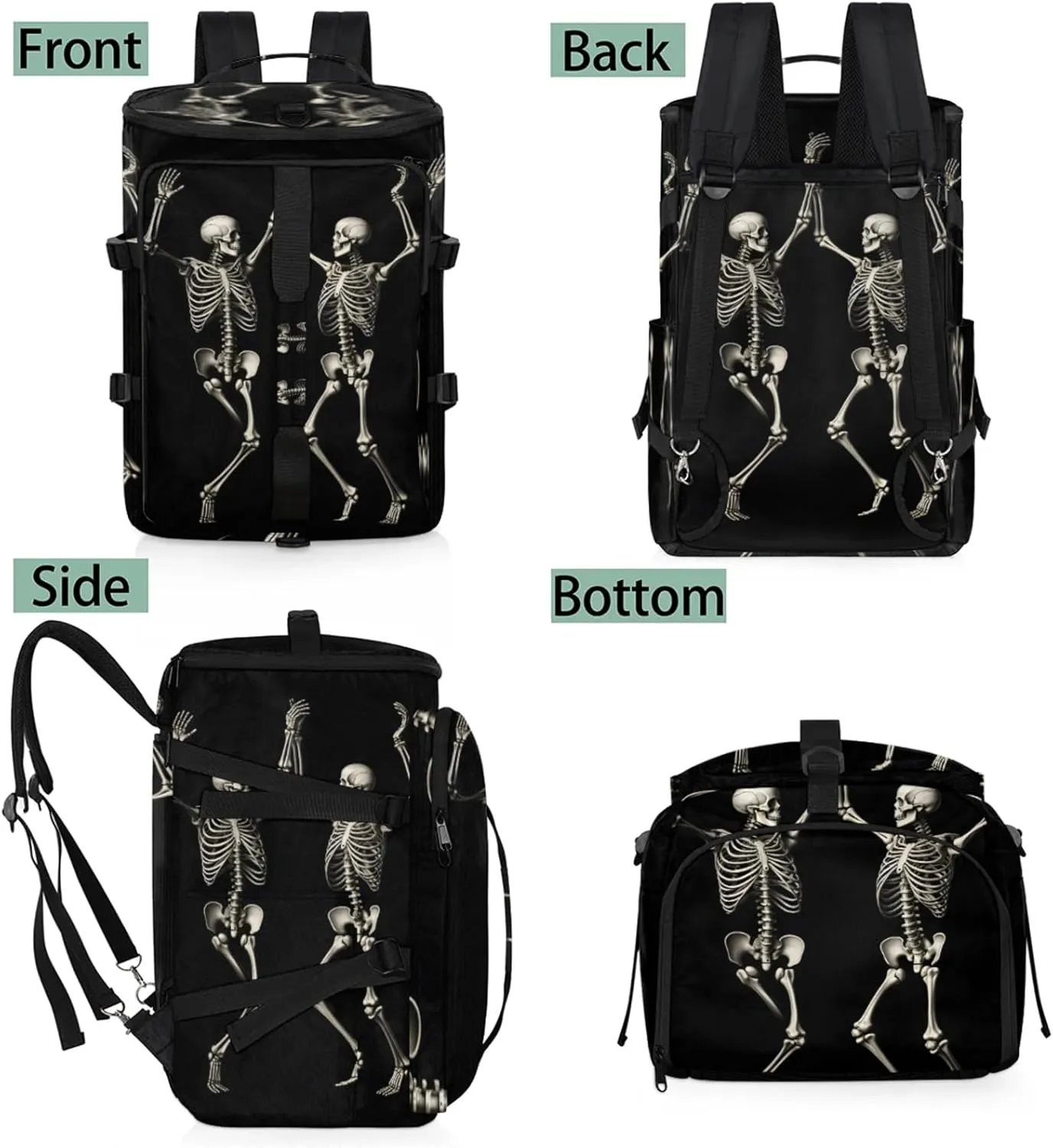 Tactical Sports Duffle Bag for Travel Waterproof Gym Bag with Shoe Compartment 48L Carry On Luggage for Men & Women 3-in-1 Durable Travel Luggage Skeleton Funny Skull