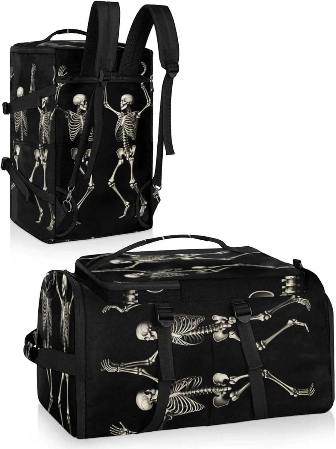 Tactical Sports Duffle Bag for Travel Waterproof Gym Bag with Shoe Compartment 48L Carry On Luggage for Men & Women 3-in-1 Durable Travel Luggage Skeleton Funny Skull