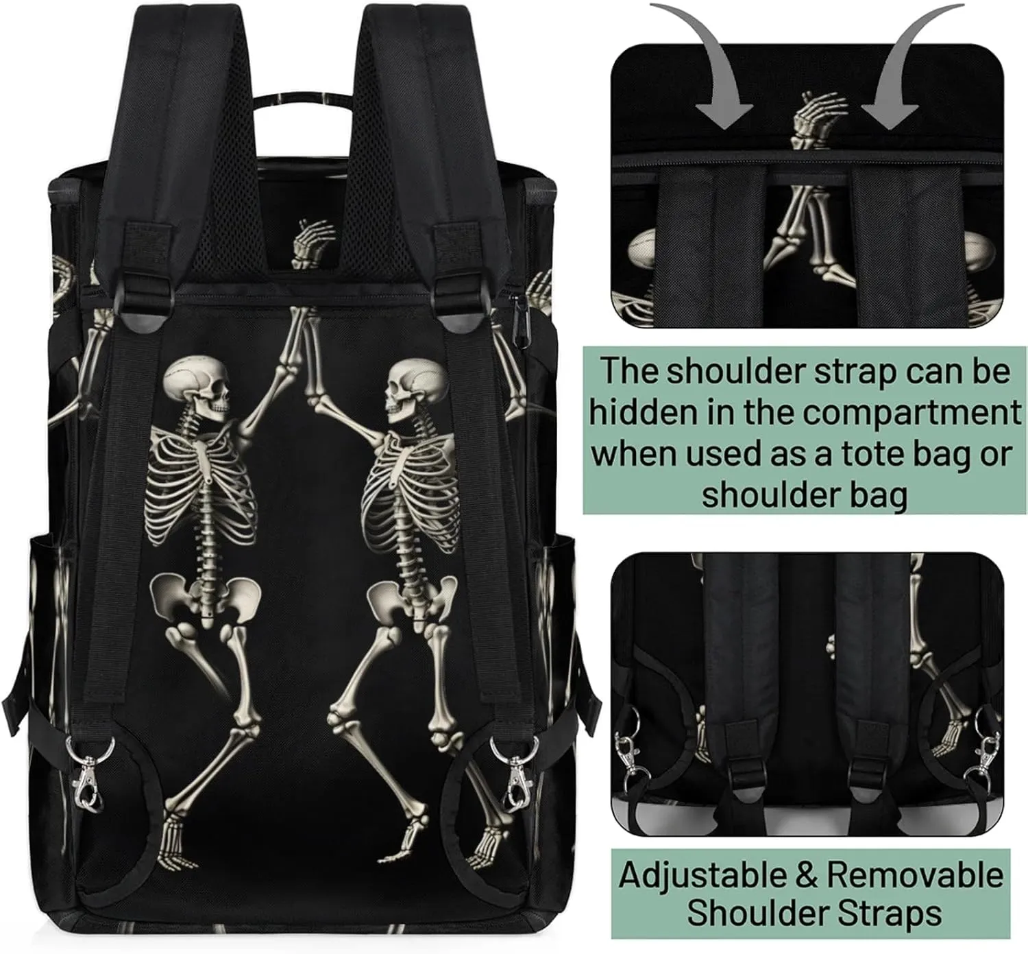 Tactical Sports Duffle Bag for Travel Waterproof Gym Bag with Shoe Compartment 48L Carry On Luggage for Men & Women 3-in-1 Durable Travel Luggage Skeleton Funny Skull