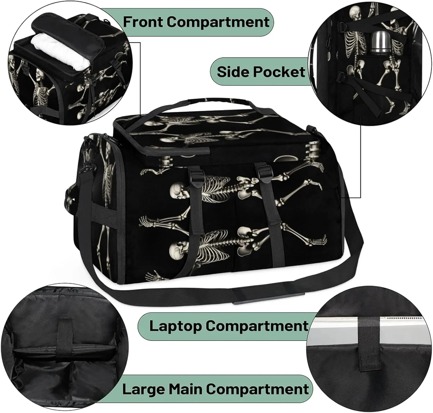 Tactical Sports Duffle Bag for Travel Waterproof Gym Bag with Shoe Compartment 48L Carry On Luggage for Men & Women 3-in-1 Durable Travel Luggage Skeleton Funny Skull
