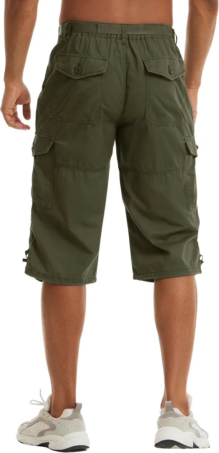 TACVASEN Men's Capri Pants with 7 Pockets Cargo Shorts Twill Elastic Below Knee 3/4 Capri Long Shorts