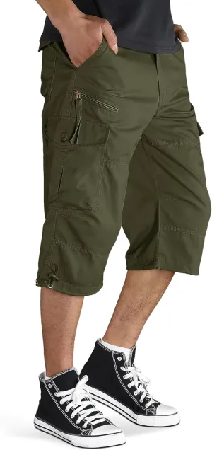 TACVASEN Men's Capri Pants with 7 Pockets Cargo Shorts Twill Elastic Below Knee 3/4 Capri Long Shorts