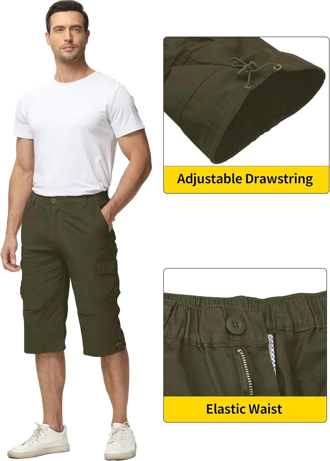 TACVASEN Men's Capri Pants with 7 Pockets Cargo Shorts Twill Elastic Below Knee 3/4 Capri Long Shorts