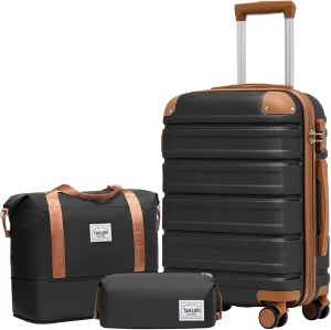 TAKUMI Carry On Luggage Set 3 Piece with Duffel Bag ABS Hardshell Luggage with Double Spinner Wheels Travel Luggage with TSA Lock Lightweight Suitcase Set (BLACK BROWN, 3 PIECE SET(20/DB/TB))