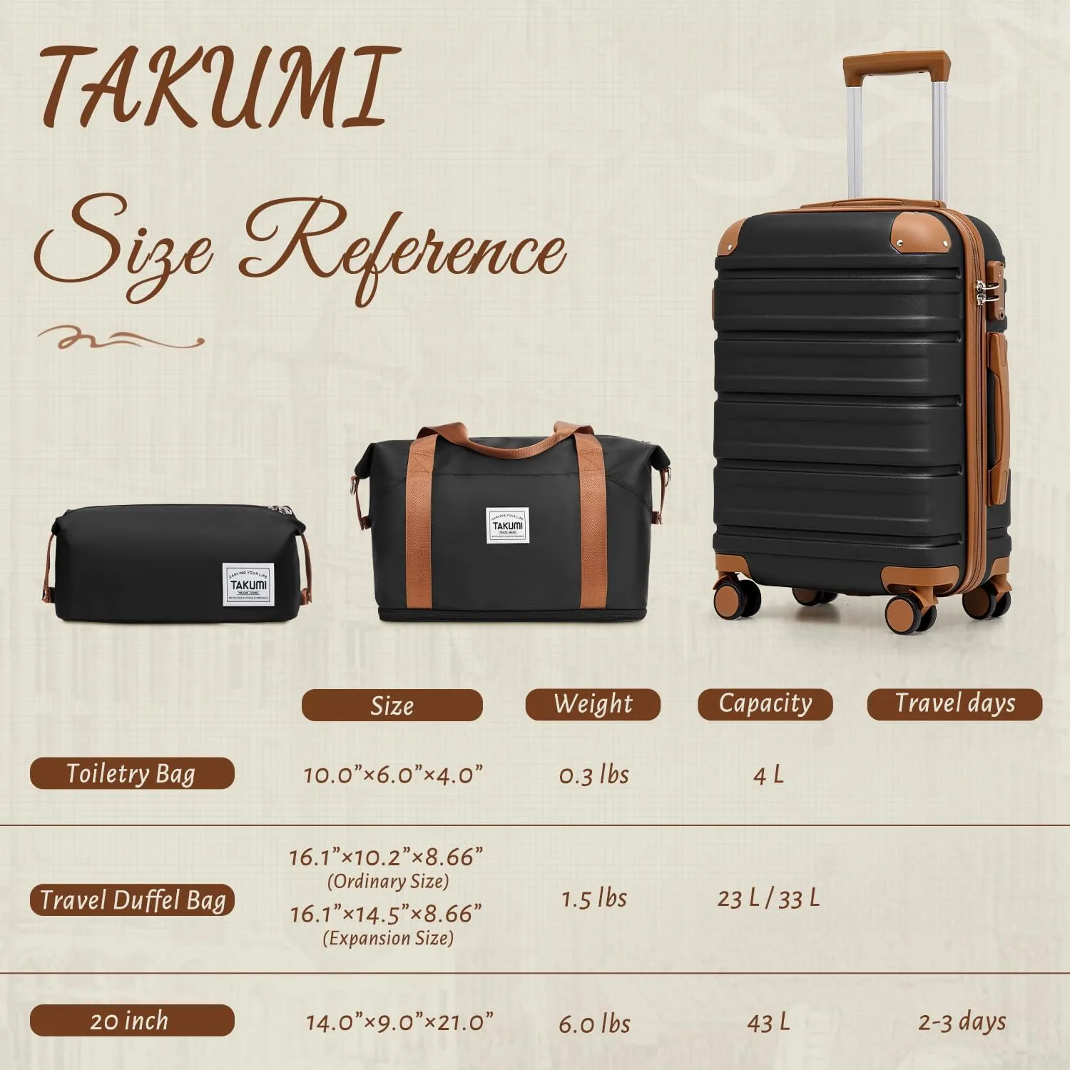 TAKUMI Carry On Luggage Set 3 Piece with Duffel Bag ABS Hardshell Luggage with Double Spinner Wheels Travel Luggage with TSA Lock Lightweight Suitcase Set (BLACK BROWN, 3 PIECE SET(20/DB/TB))