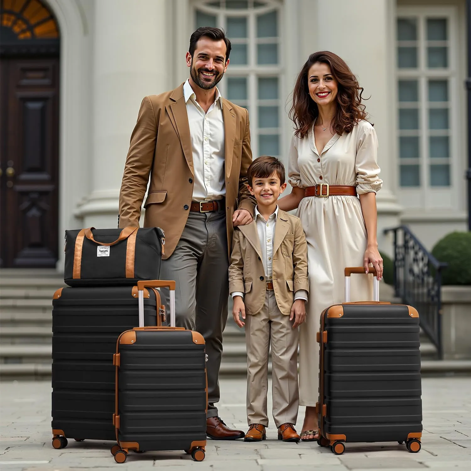 TAKUMI Luggage Set 5 Piece with Duffel Bag ABS Hardshell Suitcase Set with Double Spinner Wheels Travel Lugagge with TSA Lock Lightweight Carry On Suitcase (BLACK BROWN, 5 PIECE SET)