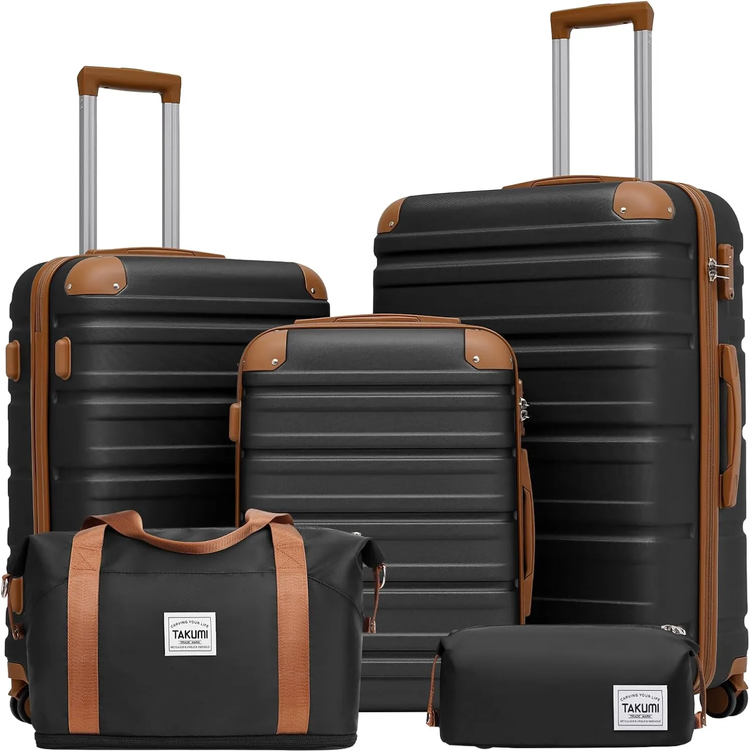 TAKUMI Luggage Set 5 Piece with Duffel Bag ABS Hardshell Suitcase Set with Double Spinner Wheels Travel Lugagge with TSA Lock Lightweight Carry On Suitcase (BLACK BROWN, 5 PIECE SET)